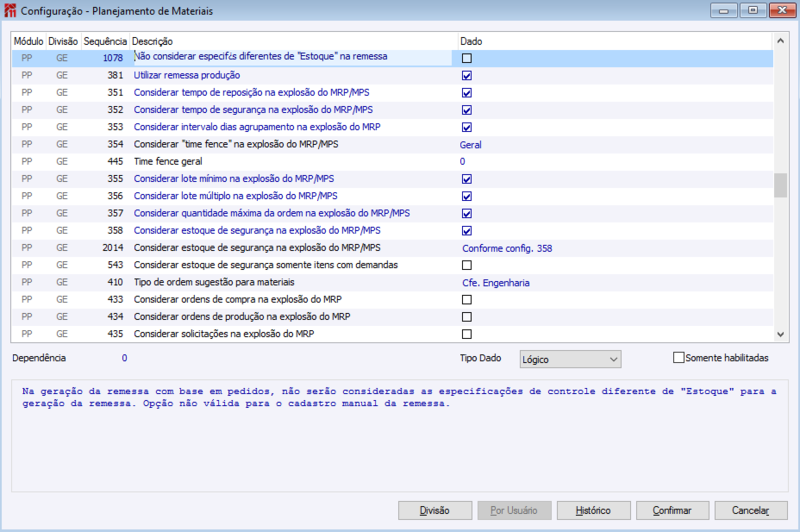 Configuração - Planejamento de Materiais