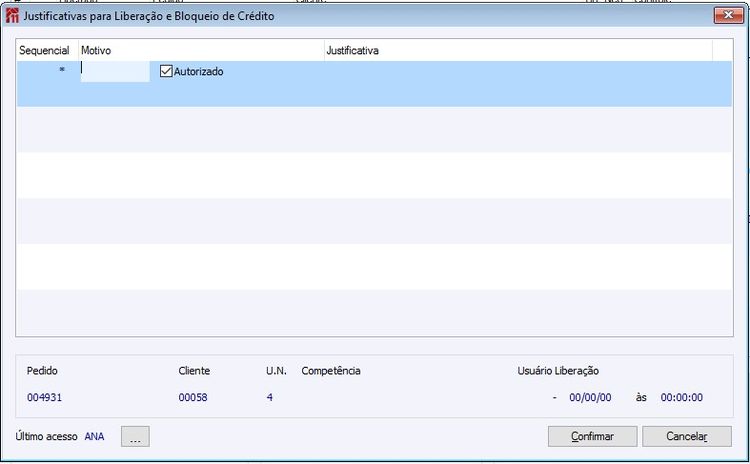 Controle Crédito Botão Justificativa