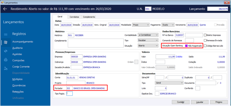 Criação do Lançamento Financeiro