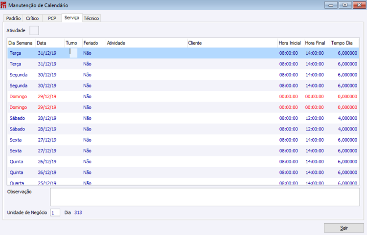 Manutenção de Calendário