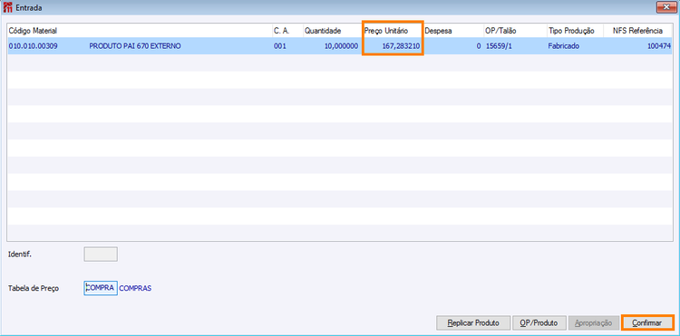 Tela de entrada com OP já informada