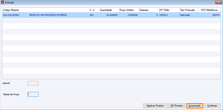 Tela de entrada com OP já informada