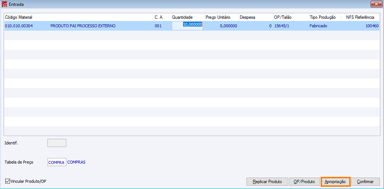 Tela de entrada com OP já informada