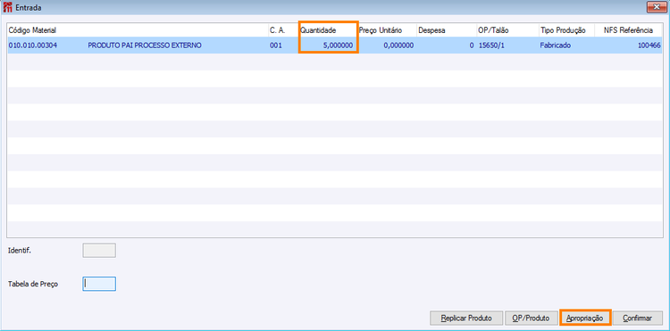 Tela de entrada com OP já informada