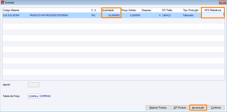 Tela de entrada com OP já informada