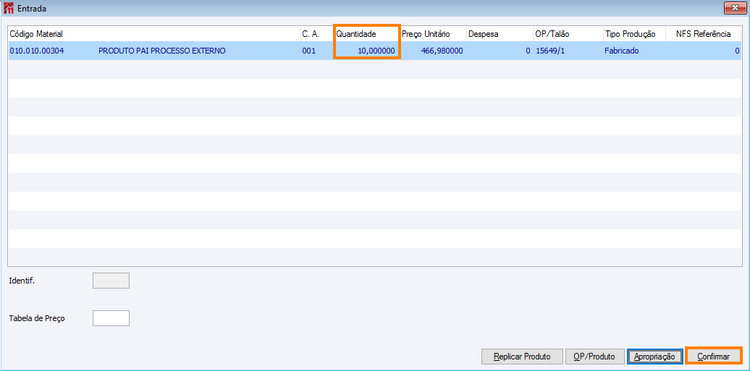 Tela de entrada com insumos agregados