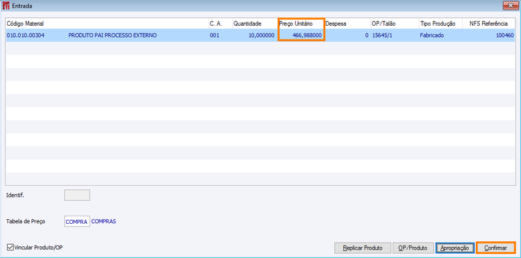 Tela de entrada com insumos agregados