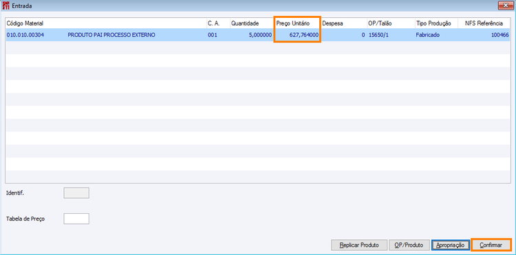 Tela de entrada com insumos agregados