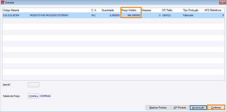 Tela de entrada com insumos agregados