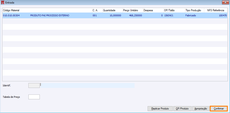 Tela de entrada com insumos agregados