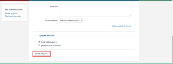 Basta clicar no botão enviar o arquivo para wiki