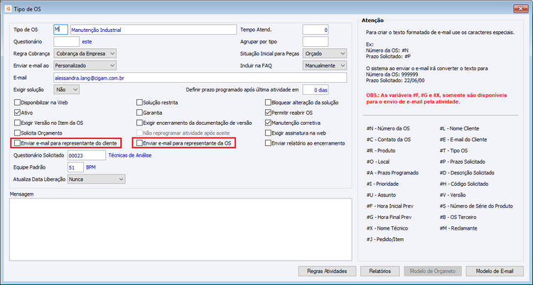 Envio de e-mail ao criar ou alterar o solicitado de uma OS