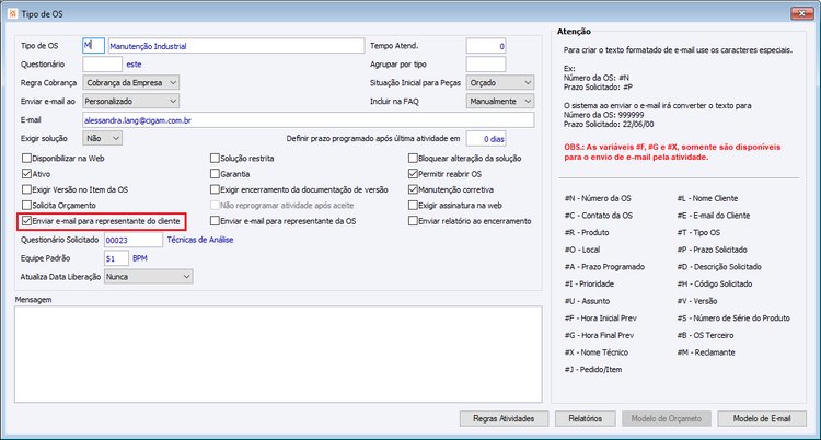 Envio de e-mail ao criar ou alterar o solicitado de uma OS