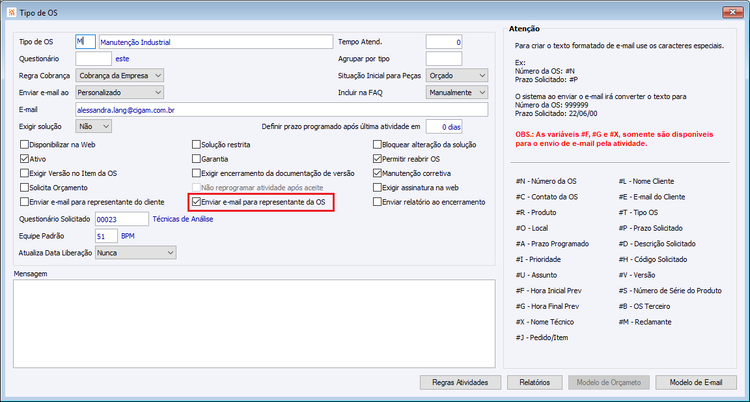 Envio de e-mail ao criar ou alterar o solicitado de uma OS