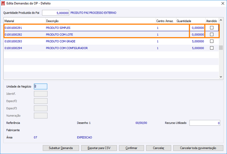Edita demandas: Zerar insumo já enviado