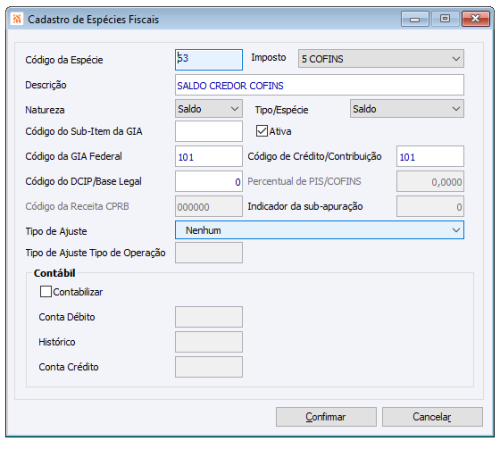 Cadastro Espécies Fiscais