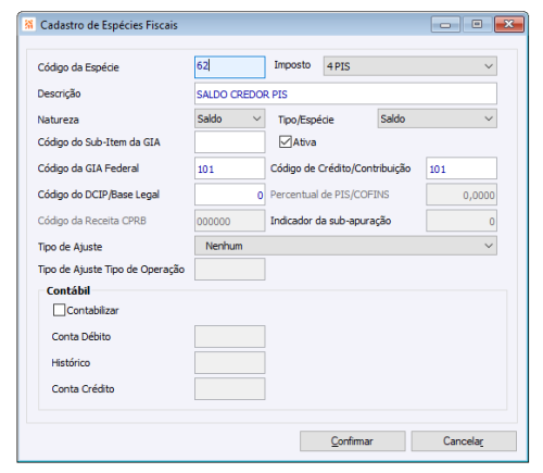 Cadastro Espécies Fiscais