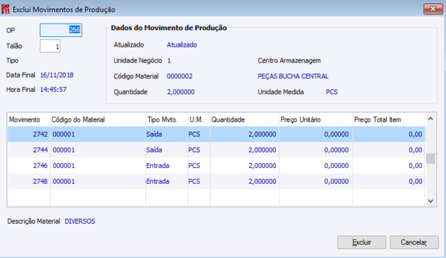 Exclui movimentos de Produção
