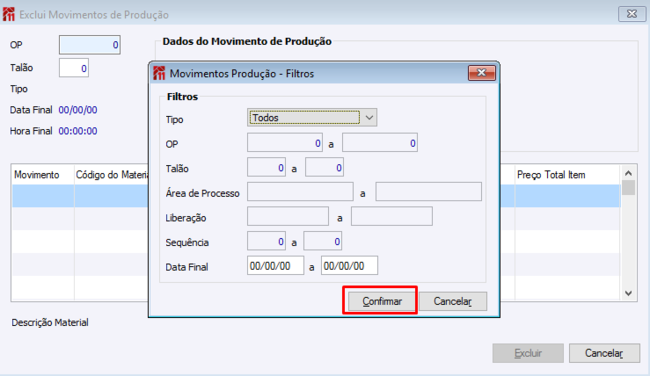Exclui movimentos de Produção