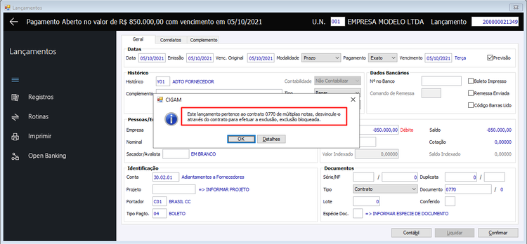 Baixa de Contratos por Cargas com Painel de Adiantamentos
