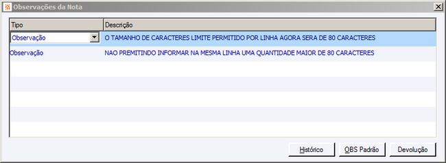 Observação Nota Fiscal