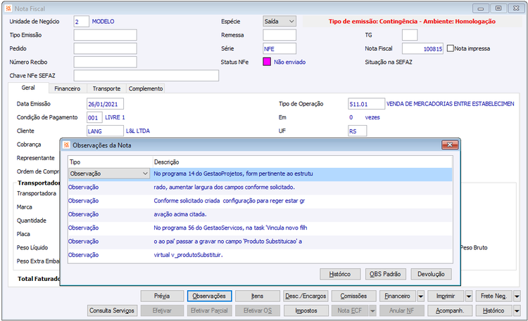 Nota Fiscal com Observações