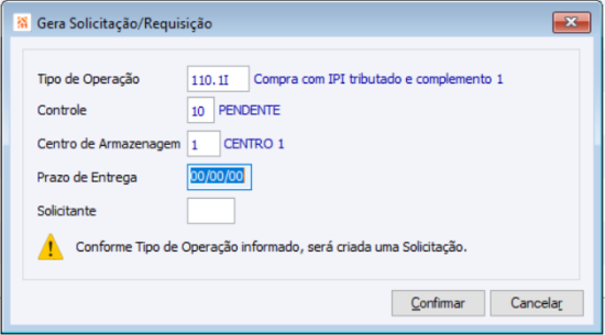 Pedido Botão Gerar Solicitação