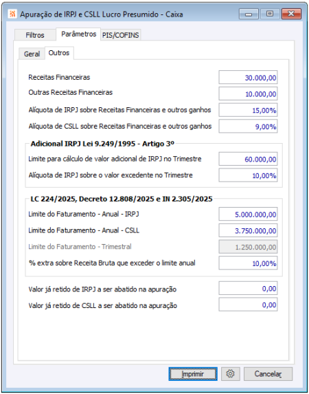 Apuração IRPJ e CSLL Lucro Presumido