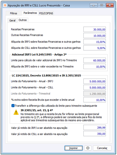 Apuração IRPJ e CSLL Lucro Presumido