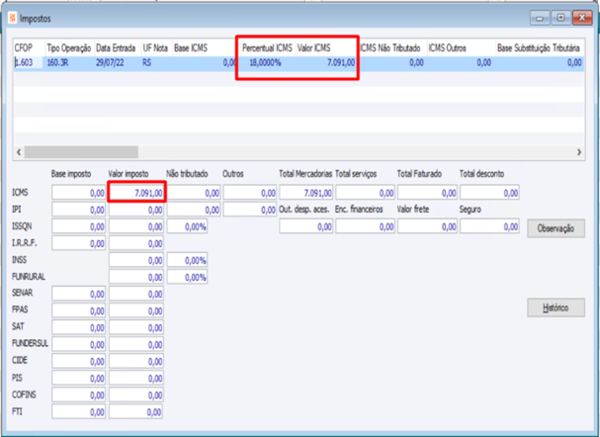 Impostos Nota Entrada
