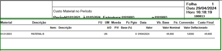 Relatorio lista custo