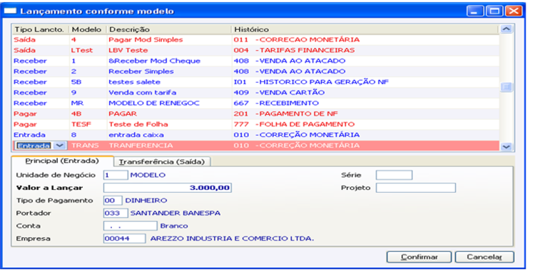 Lançamento Conforme modelo