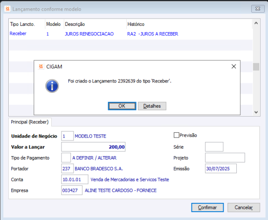 Lançamento Conforme modelo