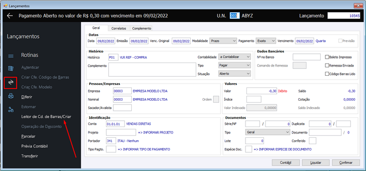 Lancamento Financeiro a Pagar Itau.png