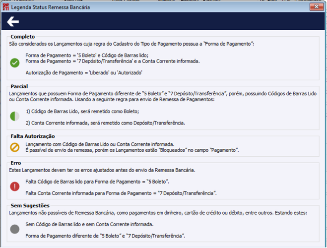 Legenda Status Remessa Bancária