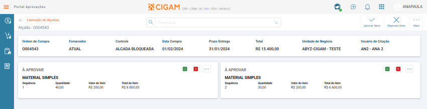 Liberação de Alçadas - Itens da OC