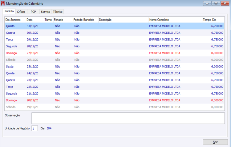 Manutenção de Calendário