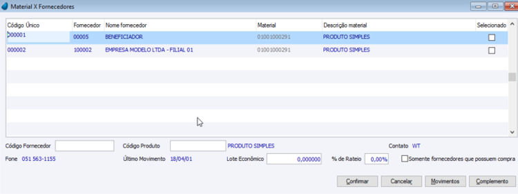Material x Fornecedor
