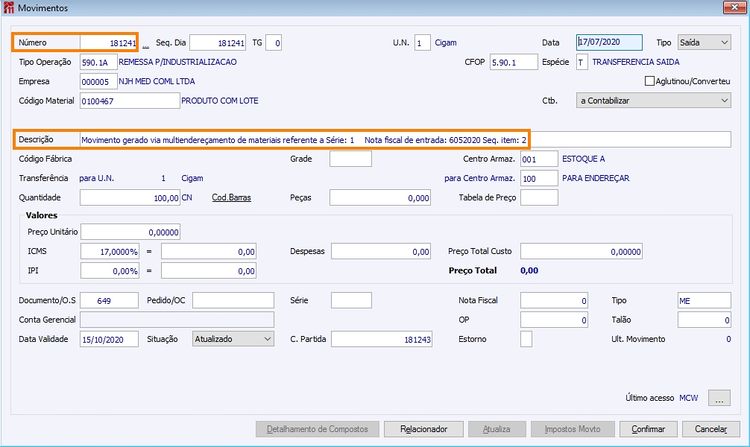 Menu ME Gerenciamento de Documentos Movimento Partida CIGAM