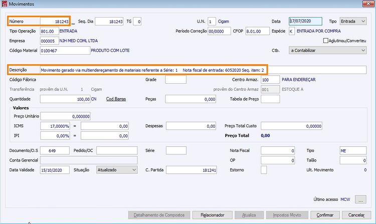 Menu ME Gerenciamento de Documentos Movimento Contra-Partida CIGAM