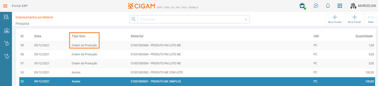 Menu ME Gerenciamento de Documentos Movimento Endereçamento