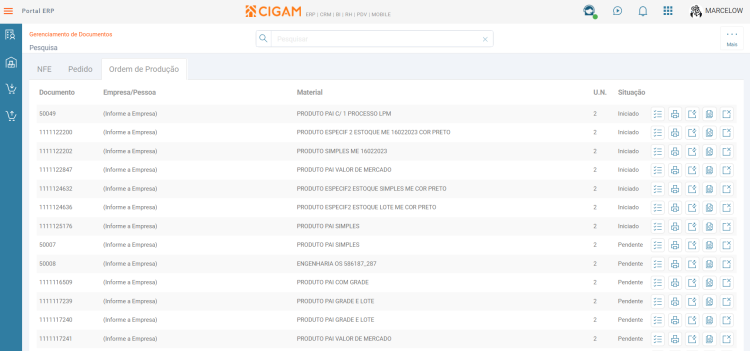 Menu ME Gerenciamento de Documentos Ordens de Produção