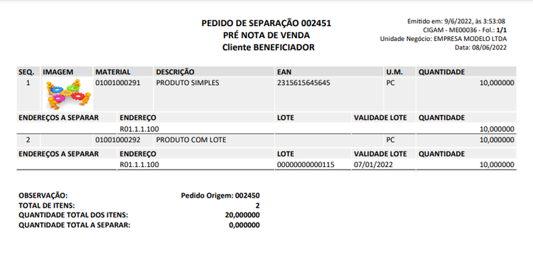 Menu ME Gerenciamento de Documentos Pedido Impresso