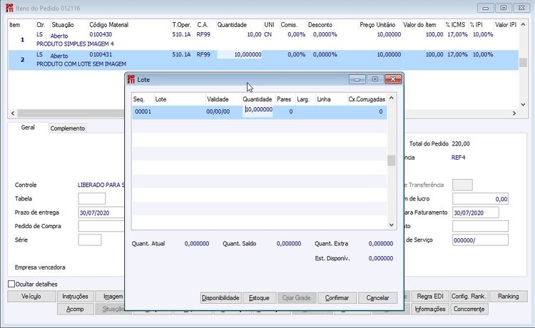 Menu ME Pedido Desktop Item com Lote