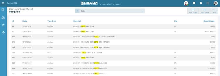 Menu ME Pesquisa Endereçamento por Material