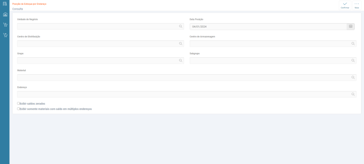 Menu ME Filtros Posição de Estoque por Endereço