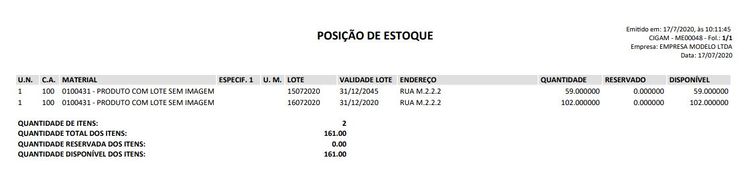 Menu ME Posição de Estoque por Endereço Relatório