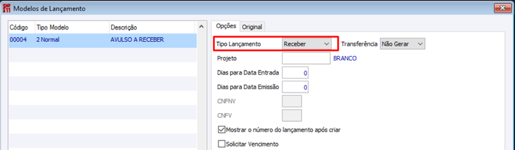 Modelo de Lançamento para Criar Lançamento de Recebimento