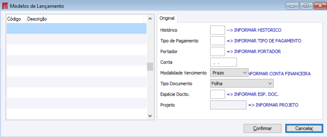 Modelos de Lançamentos - Folha