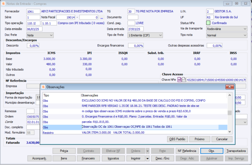 NFE Obs Fornecedor